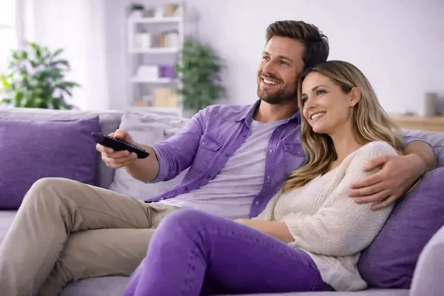 A living-room television running VOCOIPTV through an app on the set itself