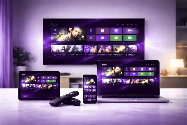 The same VOCOIPTV login open on a television, a tablet, a laptop and a phone