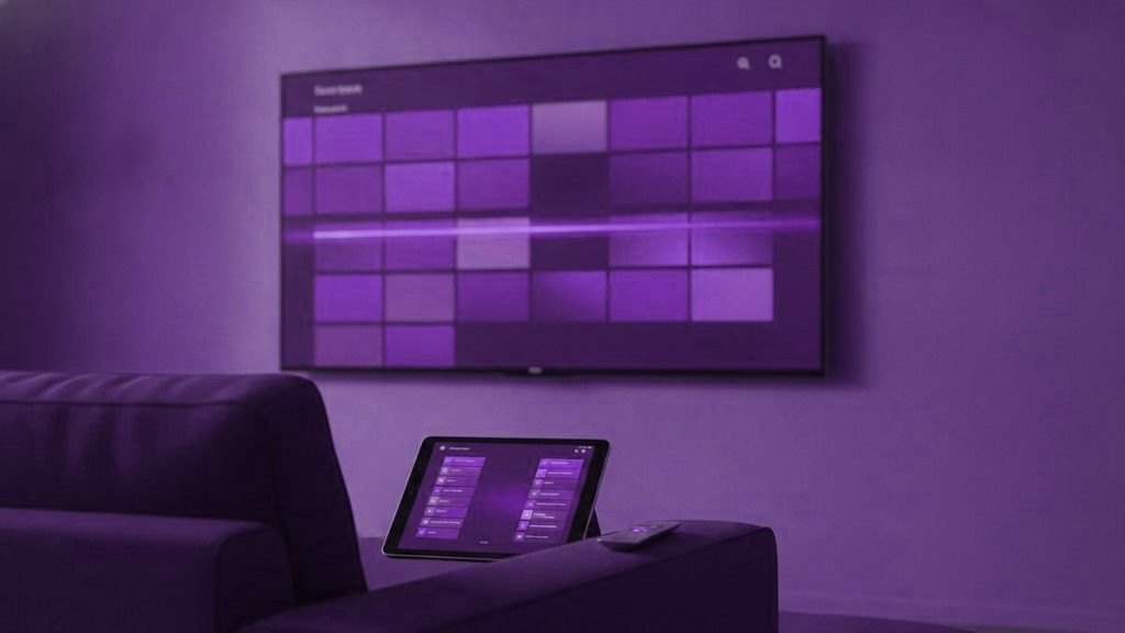 A TV showing a programme guide grid with a tablet and phone showing channel lists on a sofa