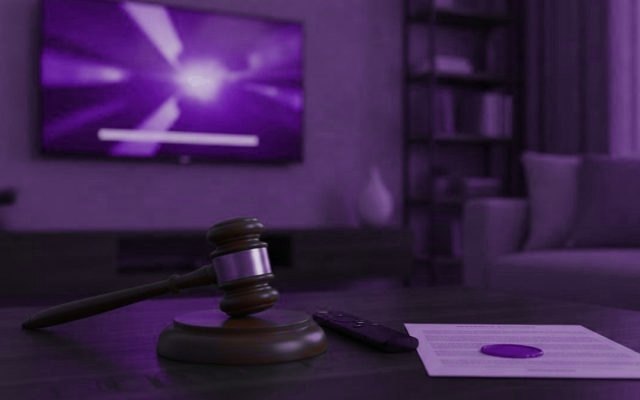 A judge gavel, a streaming remote and a sealed document on a coffee table in front of a TV