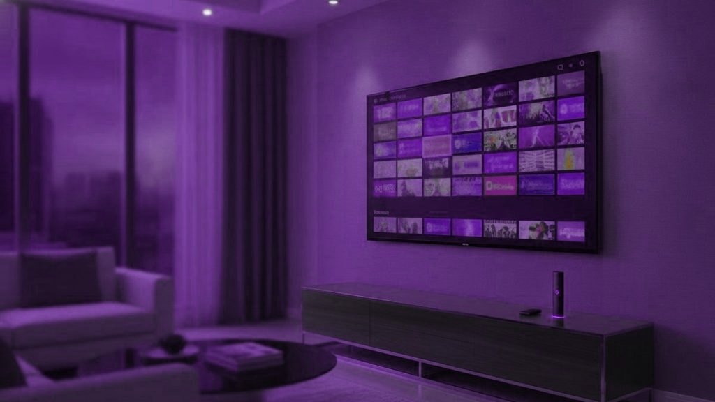 A living-room TV showing an IPTV channel guide with a streaming stick on the console